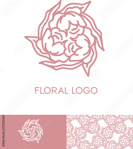 Minimal floral monoline logo with rose petals and matching seamless pattern in dusty pink. Elegant botanical branding design for packaging, cosmetics, fashion labels and stationery.