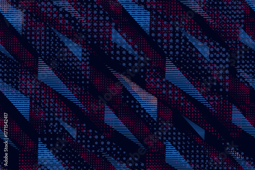 Seamless geometric pattern with diagonal triangles, dots, stripes in dark blue and red. Geometrical sporty design for streetwear apparel, gaming, digital backgrounds