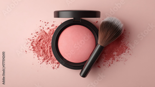 Realistic blush compact with soft pink shade sits open beside makeup brush, surrounded by loose powder on pastel pink background, evoking sense of beauty and elegance