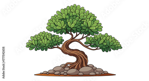 Cartoon bonsai tree with green leaves illustration