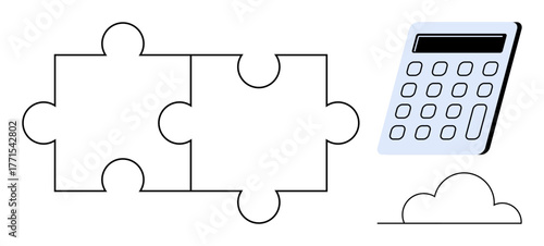 Puzzle pieces signifying collaboration, calculator for calculations, and a cloud representing cloud computing. Ideal for teamwork, problem-solving, data analysis, finance, innovation, connectivity