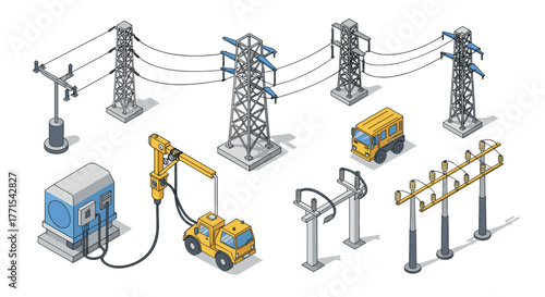 Isometric power grid infrastructure elements with equipment and electrical towers