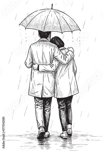 A loving couple in coats viewed from behind sharing an umbrella in a handdrawn ink sketch.