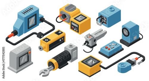 Isometric industrial tools set with electrical and mechanical equipment