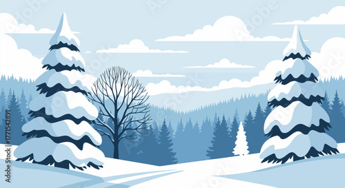 Snow-covered forest scene featuring pine trees, a leafless tree, and a serene winter landscape