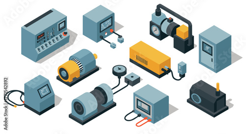 Isometric industrial equipment collection with control panels and motors