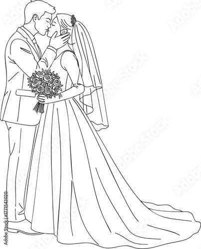 A minimalist line art illustration of a bride and groom sharing a romantic kiss the bride holding a flower bouquet.