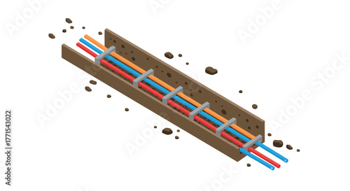 Isometric underground cable trench with colorful wires and concrete support