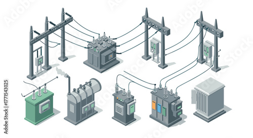 Isometric electrical substation design elements with transformers and power lines