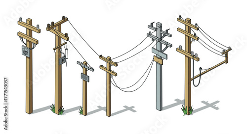 Isometric utility poles collection with varied designs and details