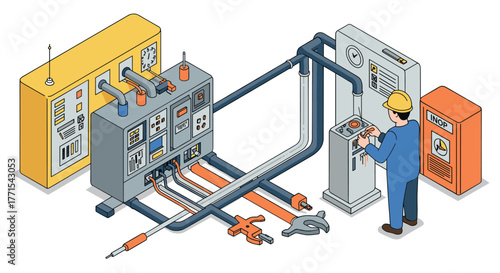 Industrial technician operating control panels in isometric factory setting
