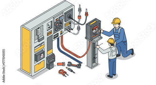 Engineers working on control panel with tools in isometric style