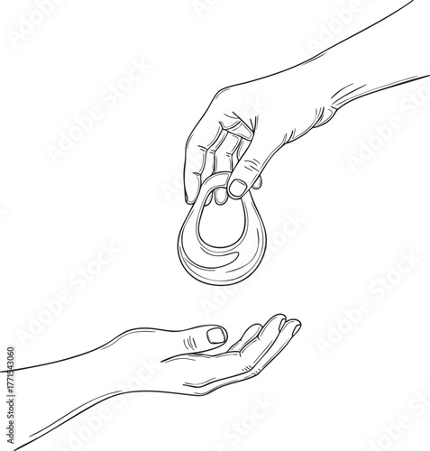 A minimalist line drawing of one hand giving a reusable menstrual disc to another open hand.