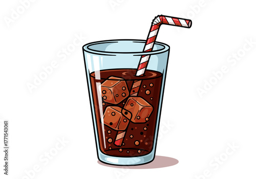 A refreshing glass of cold cola with ice cubes and a striped straw, perfect for a hot day