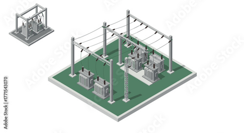 Isometric electrical substation design with power transformers and high voltage connections