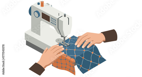 Hands sewing with modern machine in flat style for tailoring concept