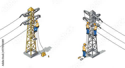 Isometric construction workers repairing power lines on transmission towers