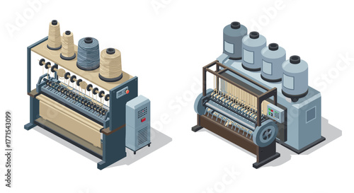 Isometric yarn production machines with spools and industrial equipment