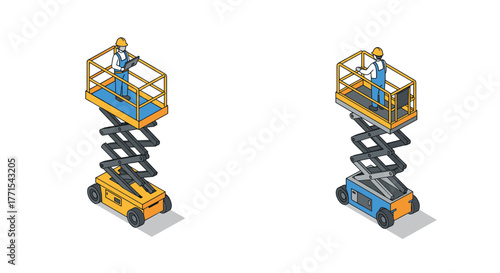Construction workers on mobile scissor lifts in isometric design