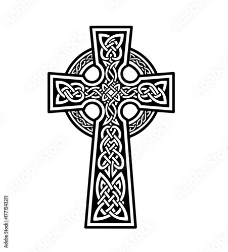 A striking black and white design of a Celtic cross, where every part, including the central nimbus, is intricately filled with seamless, interwoven knotwork patterns