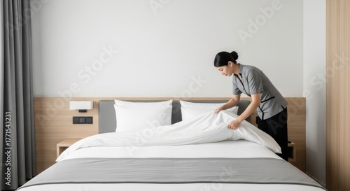 Woman housekeeper making a bed with white sheets in a hotel room. Housekeeping service and clean room concept for hospitality industry.