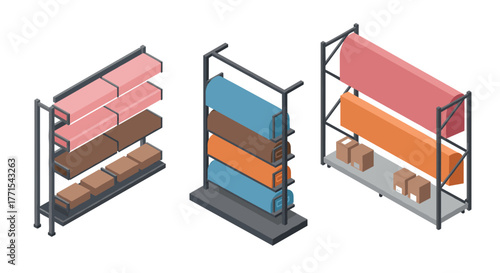 Isometric fabric roll racks with boxes in retail store display