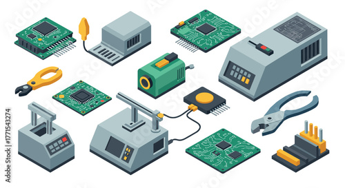 Isometric electronics and circuit boards with machinery and tools for technology