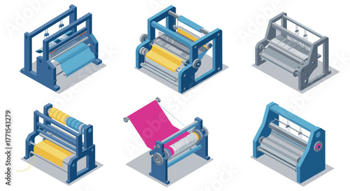Isometric industrial machines set featuring textile manufacturing equipment
