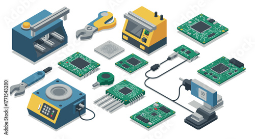 Isometric electronics components and tools with circuit boards for modern technology designs