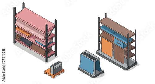 Isometric warehouse furniture storage shelving units with fabric and boxes