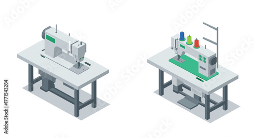Modern isometric sewing machines on tables for industrial design concepts