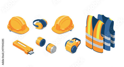 Isometric construction safety gear collection with helmets, vests, and tools