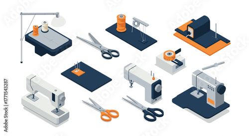 Isometric sewing equipment collection with scissors, needles, and machines