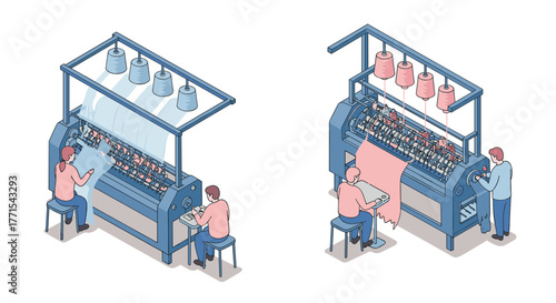 Textile machinery isometric style: yarn and fabric production process with workers