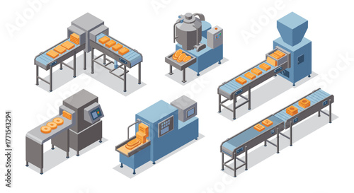 Isometric bakery production line with modern equipment and conveyor belts