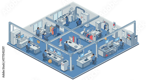 Isometric office design with people working in a modern clothing manufacturing workspace
