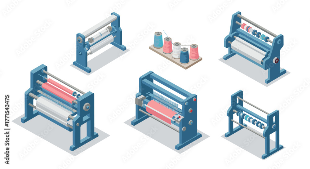Fototapeta premium Isometric industrial textile machines collection for manufacturing and production