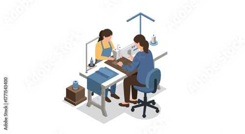 Isometric seamstress workshop with sewing machine and tailor tools