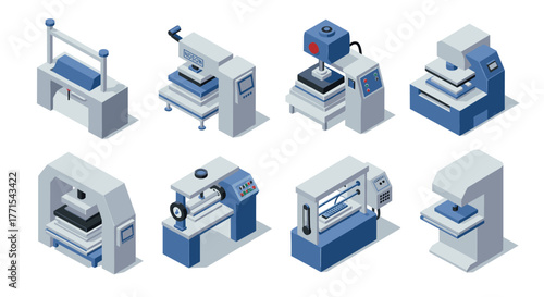 Isometric industrial machines set in blue and white color scheme