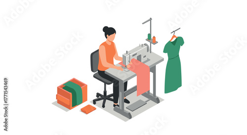 Isometric seamstress creating fashion with sewing machine in tailor studio