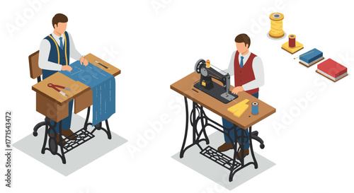 Isometric tailor workshop: seamless textile craft with sewing machine and tools