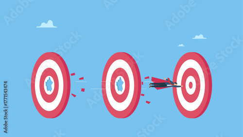 Businessman flying breakthrough target bullseyes. Power to reach targets, goals or achievements, aiming, challenge or aspiration to success, motivation or strength, leadership skill.