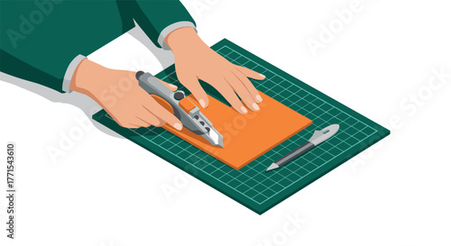 Isometric design project: hands crafting with precision tools and cutting mat