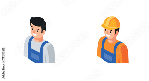 Construction worker icons: casual and safety gear in isometric style