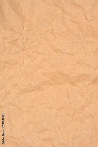 A vertical full-frame shot captures the wrinkled and crumpled texture of plain brown kraft paper, perfect for a rustic background