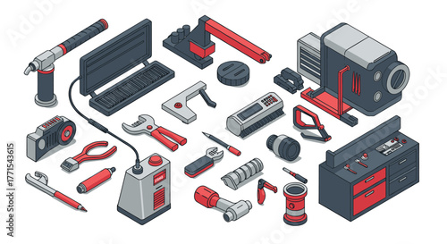 Isometric workshop tools and equipment in modern red and gray design