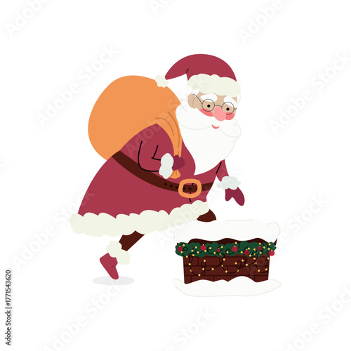 A Christmas illustration of Santa Claus. Father Christmas is climbing up a rooftop chimney and holding a sack. The character design is set against a white background.