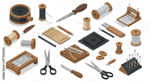 Isometric sewing tools set with scissors buttons threads and needles on white background