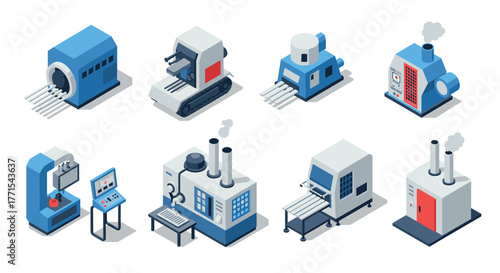 Isometric industrial machines collection in blue and gray tones