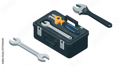 Isometric toolbox with wrench and pliers: modern toolset design